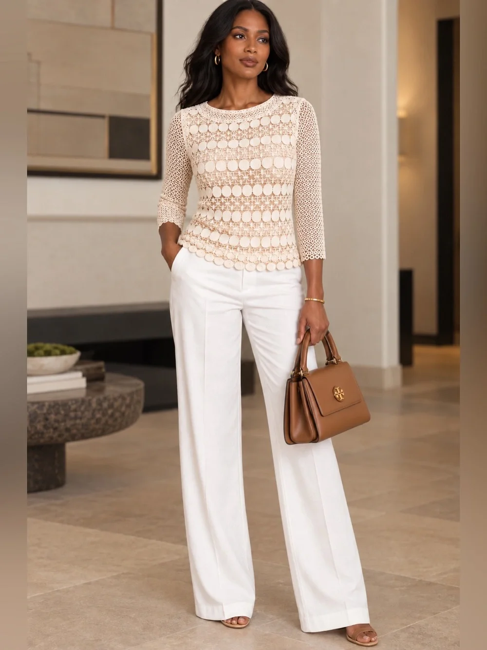 Tory Burch Ivory Crochet Lace 3/4 Sleeve Blouse Sz. 8